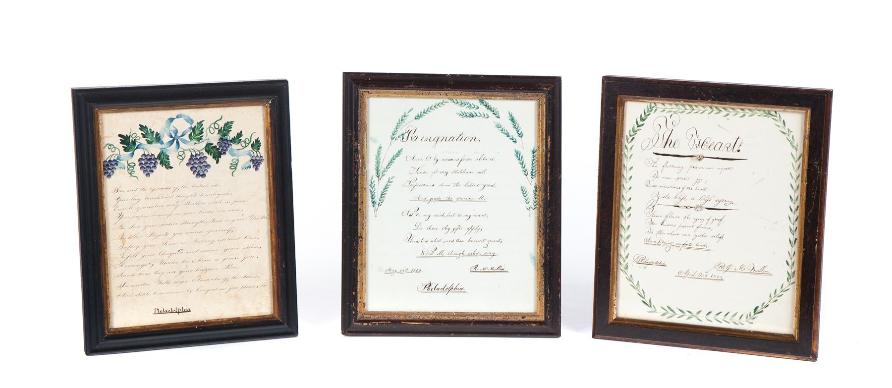 Appraisal: THREE HANDWRITTEN VERSES Philadelphia st quarter- th century watercolor and