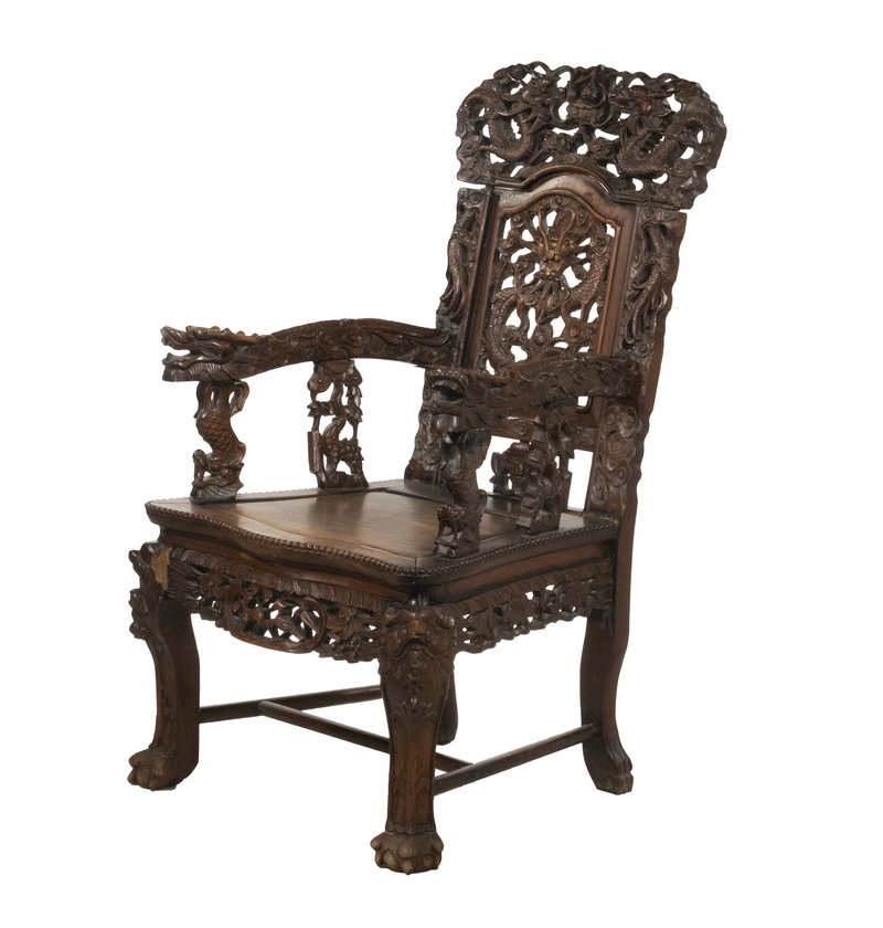 Appraisal: CARVED CHINESE DRAGON CHAIR Ornate Reticulated Rosewood Armchair literally crawling