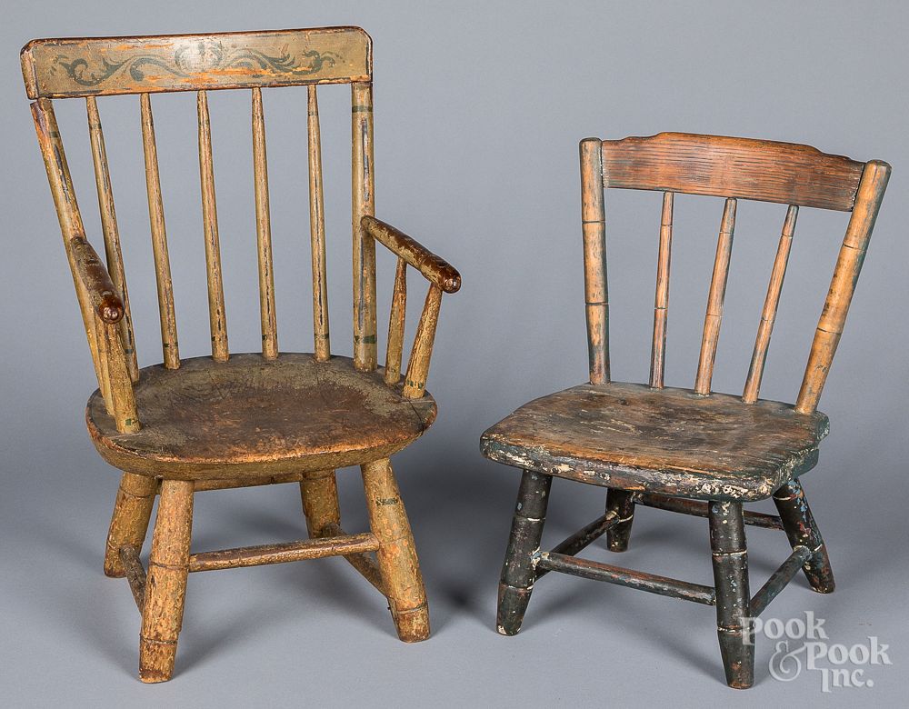 Appraisal: Two painted Windsor doll chairs th c Two painted Windsor