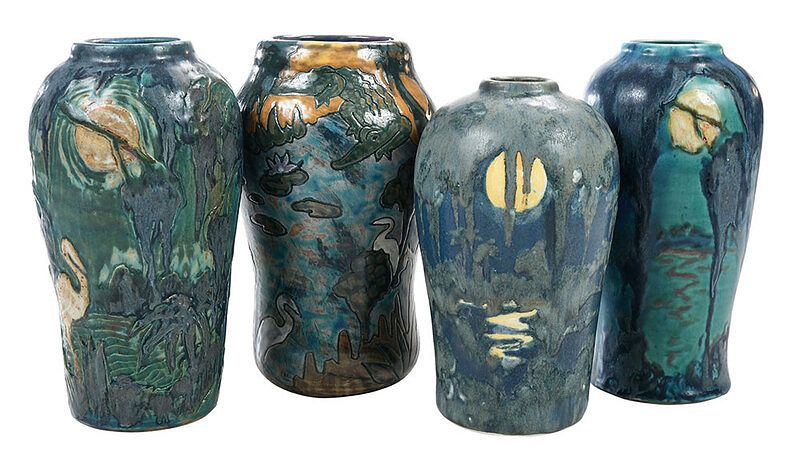 Appraisal: Four M Cushman Florida Faience Pottery Vases circa four carved