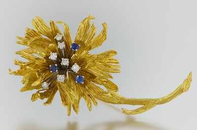 Appraisal: An Estate k Gold Diamond and Sapphire Flower Brooch Spain