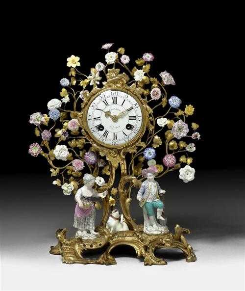 Appraisal: MANTEL CLOCK WITH PORCELAIN FIGURES Louis XV the dial and