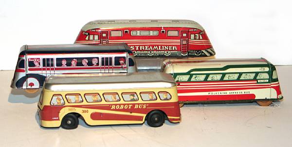 Appraisal: Lithographed Deco Transportation toys Includes scarce Clockwork Robot Bus a