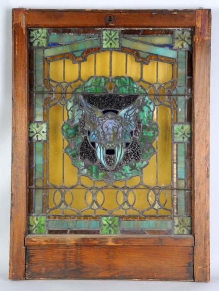 Appraisal: Stained Leaded Glass Window in Wooden Frame Description Circa Depicts