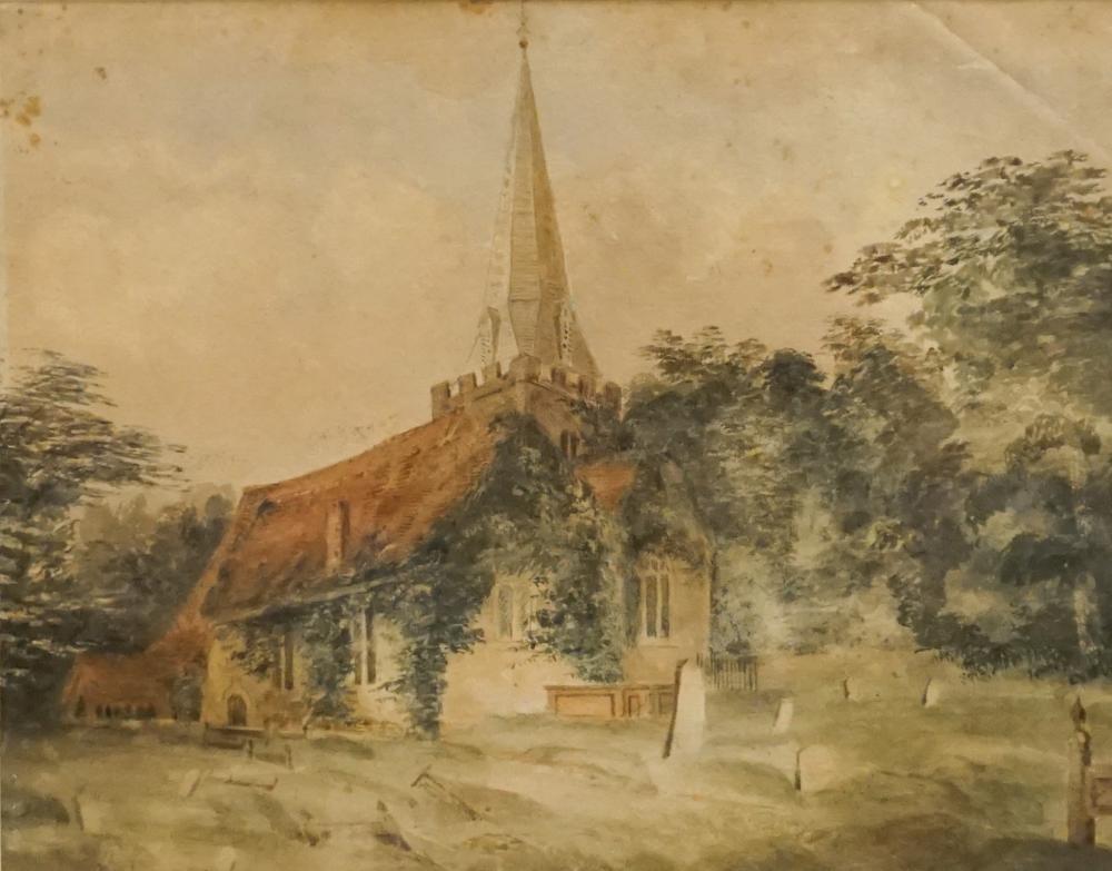 Appraisal: English School Stoke Poges Church Watercolor on Paper Frame x