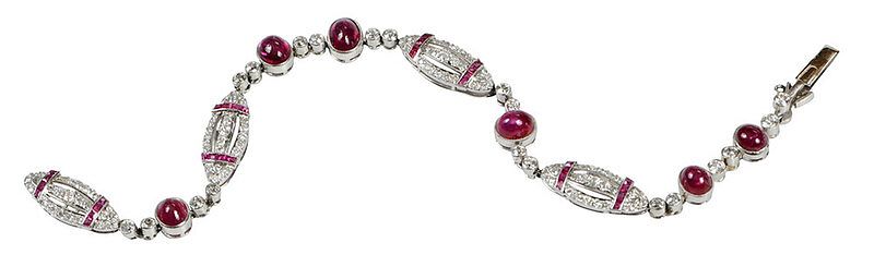 Appraisal: Art Deco Platinum Ruby and Diamond Bracelet six oval cabochon