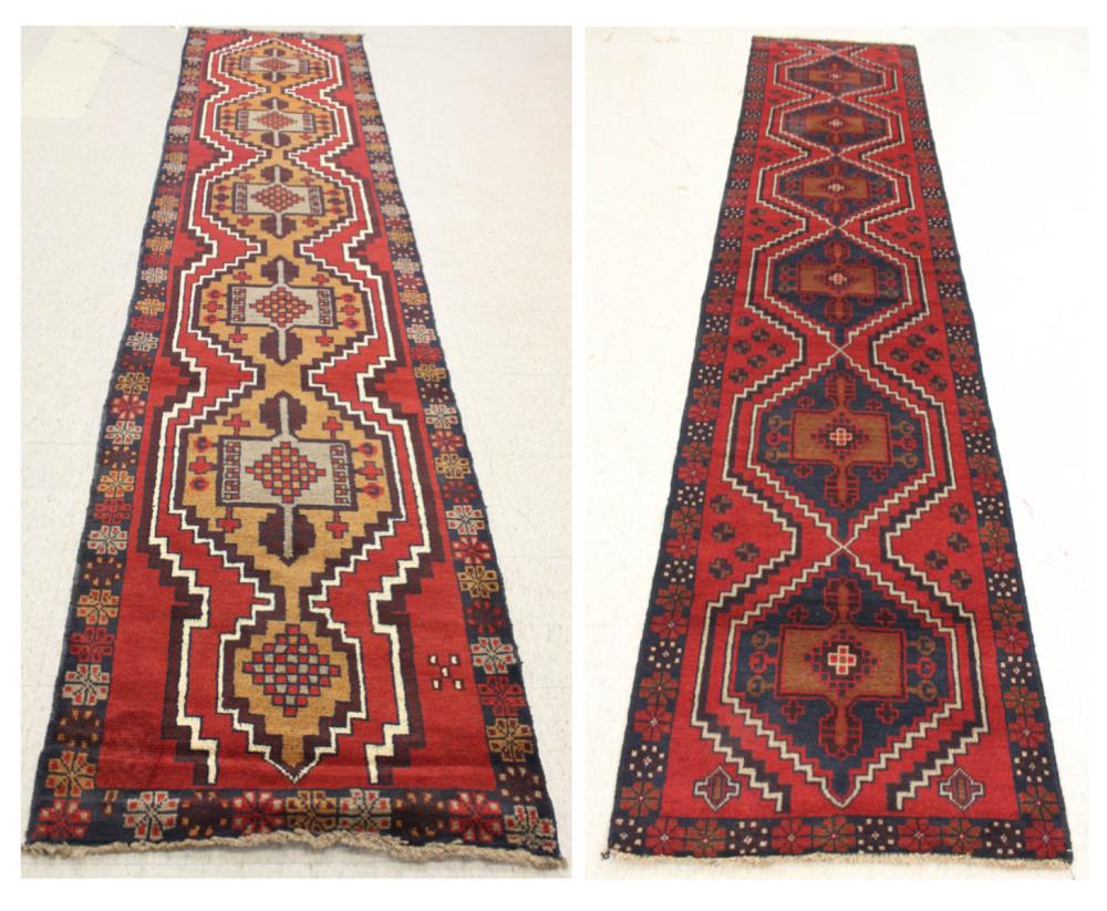 Appraisal: TWO SIMILAR HAND KNOTTED ORIENTAL RUNNERS Pakistani Persian tribals geometric