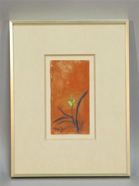 Appraisal: DANIEL TANGI TH CENTURY YELLOW FLORAL ON ORANGE GROUND Gouache