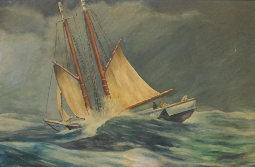 Appraisal: th Century School Sailboat Oil on Cardboard Frame x in