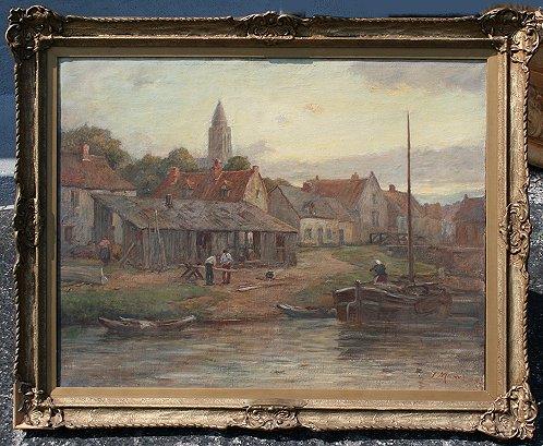 Appraisal: DUTCH TOWN LANDSCAPE WITH FIGURES In the style of Maris