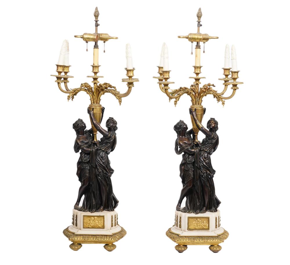 Appraisal: PR EMPIRE DORE BRONZE FIGURAL CANDELABRA LIGHTSPair of dore patinated