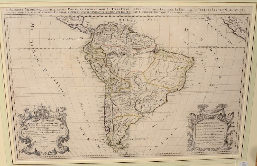 Appraisal: Hubert Jaillot - line colored engraved map L'Amerique Meridionale Divisee