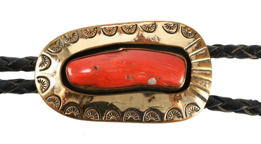 Appraisal: NAVAJO GOLD VERMEIL CORAL BOLO TIESigned in bear claw stamp