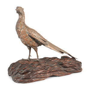 Appraisal: A Silvered Bronze Pheasant on a Wood Stand th Century