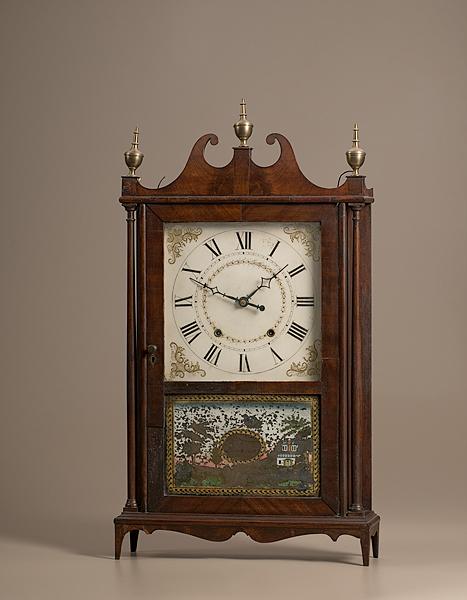 Appraisal: EPHRIAM DOWNS PILLAR AND SCROLL MAHOGANY CLOCK American probably Grestone