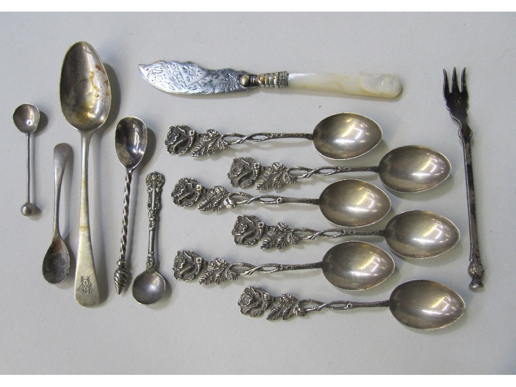 Appraisal: Lot comprising set of six white metal spoons and assorted