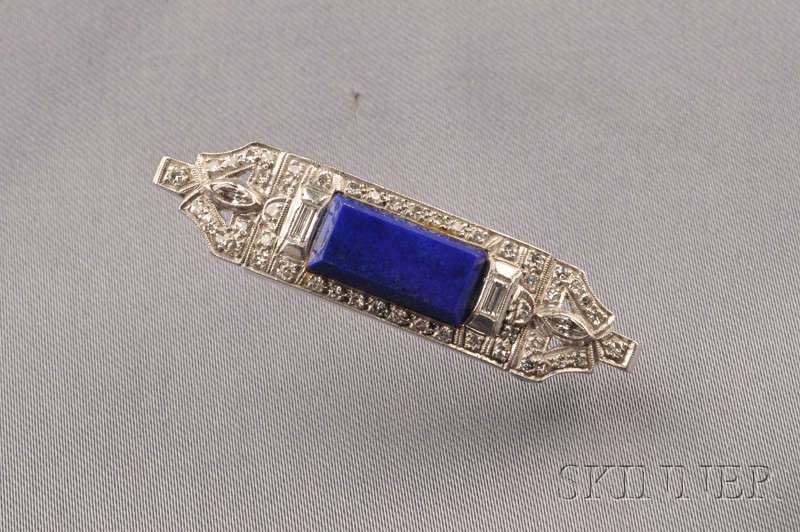 Appraisal: Platinum Lapis and Diamond Brooch centering a lapis tablet and