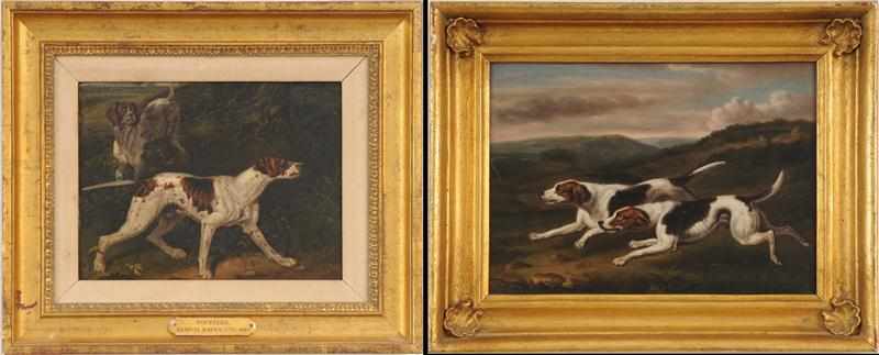 Appraisal: TWO FRAMED DOG PICTURES AND A HORSE PORTRAIT Comprising ''Pointers''