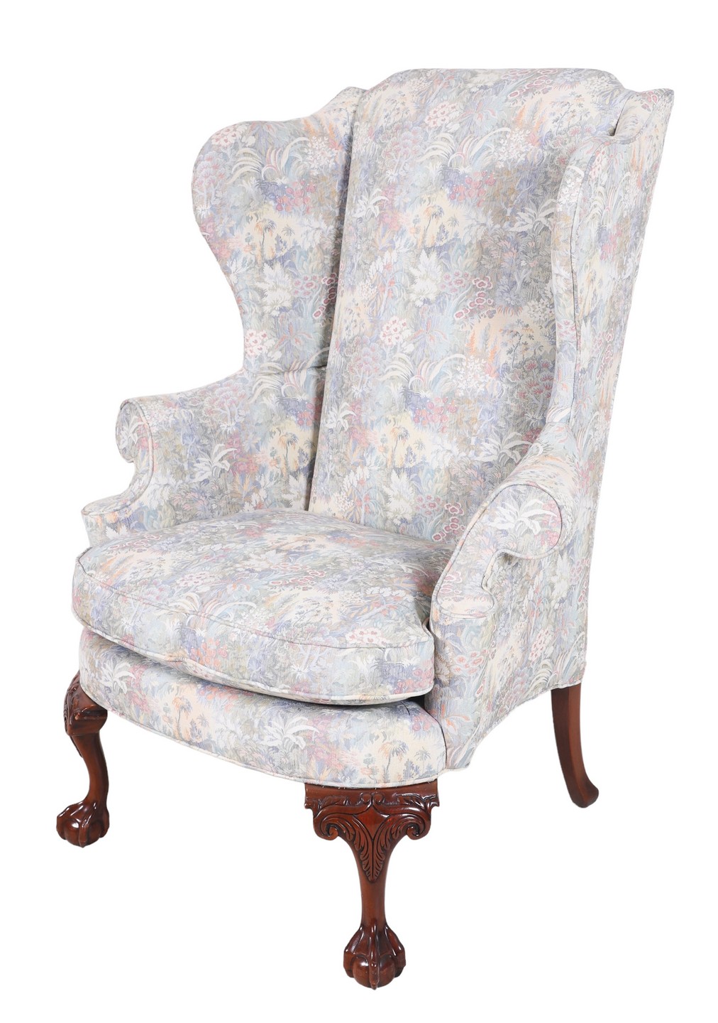 Appraisal: JJ Holley Chippendale style upholstered wing chair floral upholstery acanthus