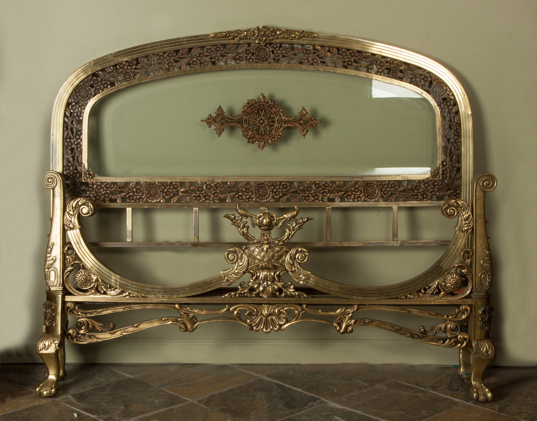 Appraisal: Brass Bed Tiffany Co Decorated with flowers birds claw feet