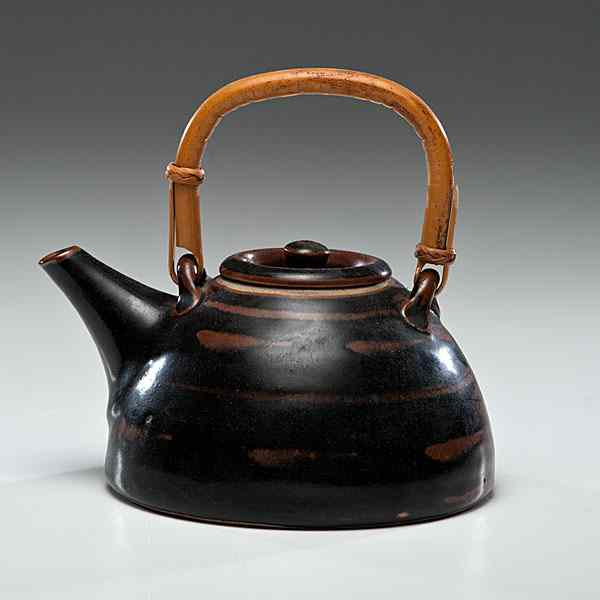 Appraisal: Lowerdown Pottery England Tenmoku Teapot with Bamboo Handle Stoneware ht