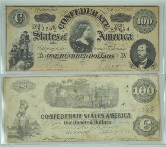 Appraisal: Two Confederate Notes One dated has redemption interest pd stamped