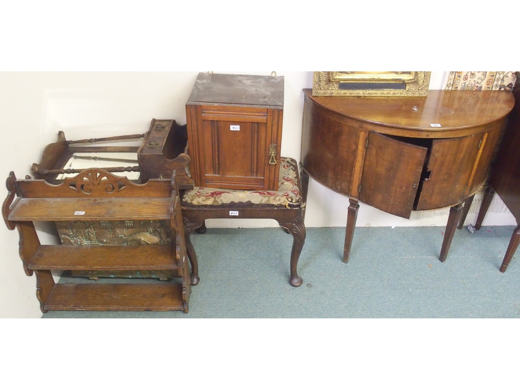 Appraisal: Two wall cabinets Victorian footstool oak shelves mirror backed wall