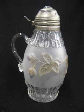 Appraisal: Victorian Art Glass Syrup Pitcher satin panel ribbed raised colored