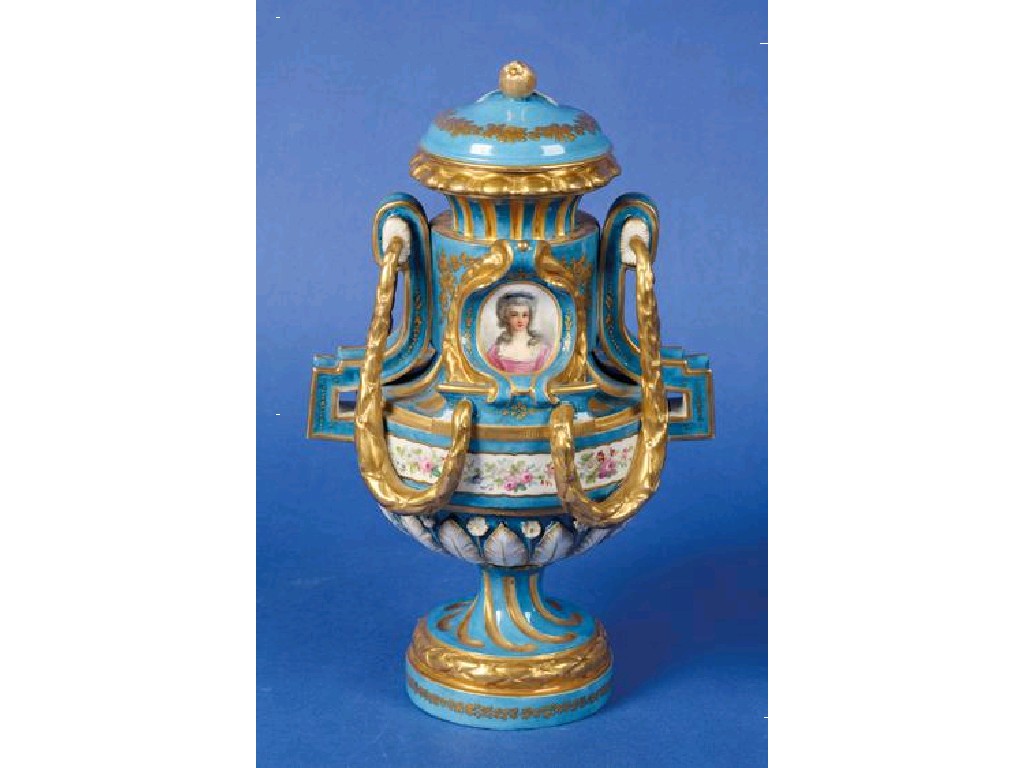 Appraisal: A SEVRES STYLE VASE AND COVER the ovoid body on