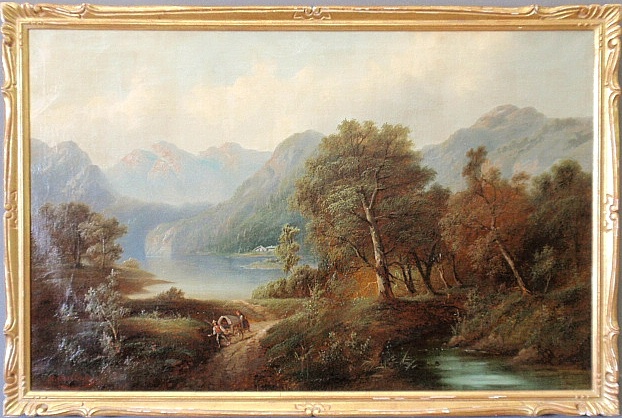 Appraisal: - Large oil on canvas painting of a lake and