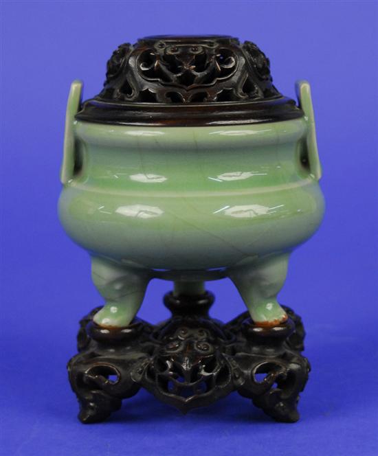 Appraisal: CHINESE LONGQUAN CELADON TRIPOD FOOTED CENSER bears label marked Song