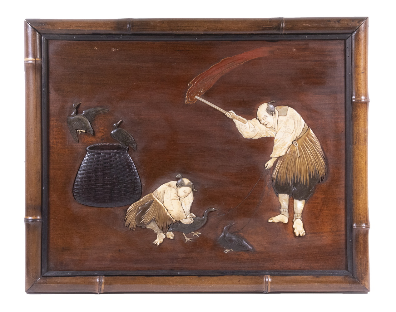 Appraisal: TH C JAPANESE INLAID PLAQUE OF DUCK CATCHERS FRAMED Rosewood