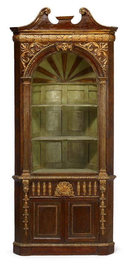 Appraisal: George II parcel gilt and polychromed pine corner cabinetcirca