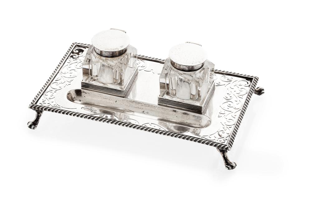 Appraisal: An inkstand Walker and Hall Sheffield of rectangular form two