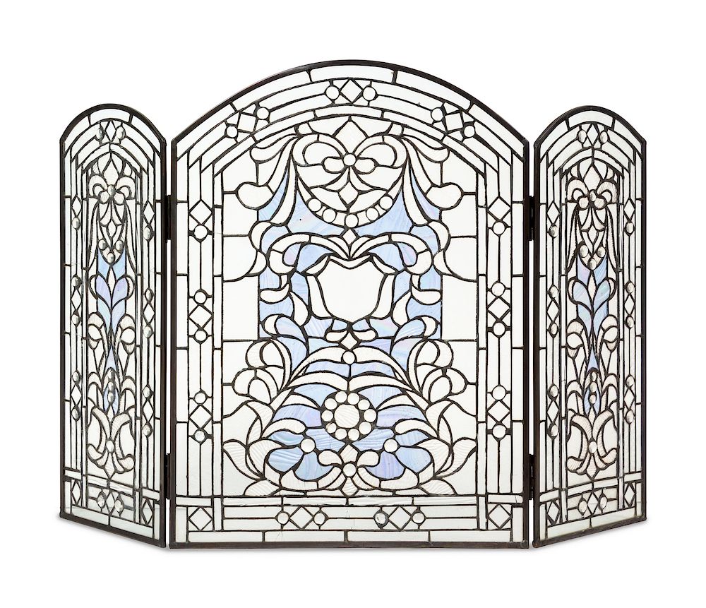 Appraisal: A Leaded and Jeweled Glass Fire Screen A Leaded and