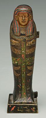 Appraisal: Miniature Egyptian style coffin cold-painted bronze hinged door opens to