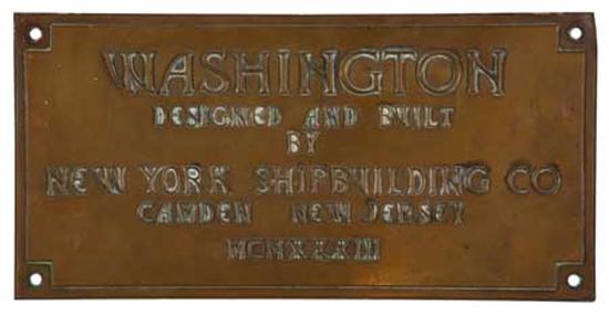 Appraisal: UNITED STATES LINES Washington Bronze Builder's Plate from the ship