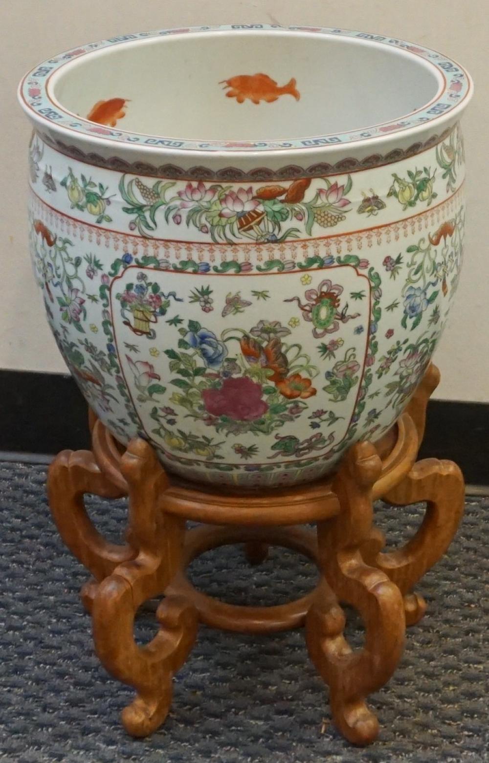 Appraisal: Chinese Polychrome Decorated Porcelain Fishbowl on Wood Stand Overall x