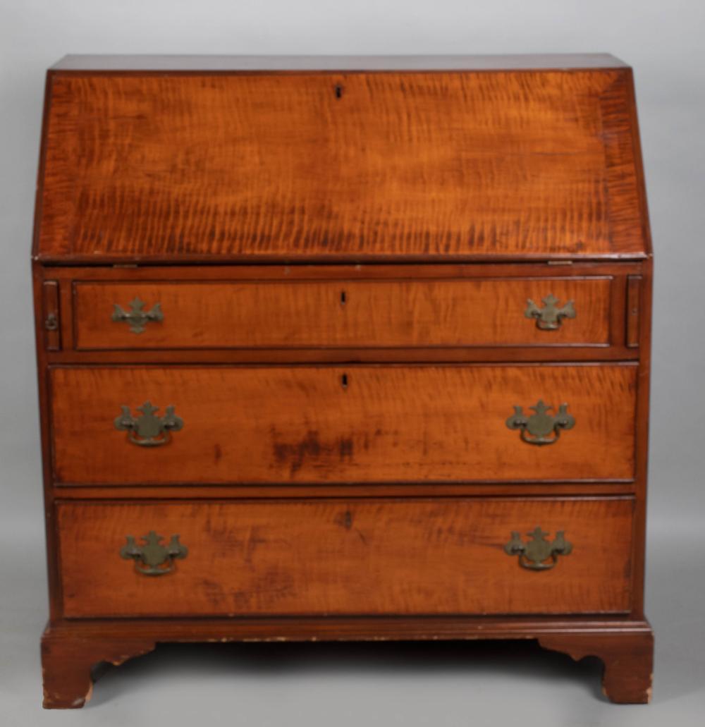 Appraisal: CHIPPENDALE TIGER MAPLE SLANT FRONT BUREAU TH CENTURY the hinged