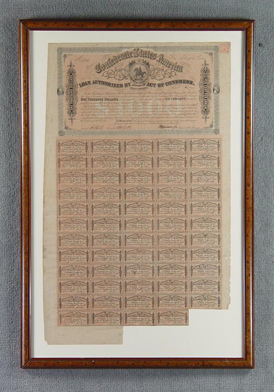 Appraisal: Confederate State of America One Thousand Dollar Bond printed by