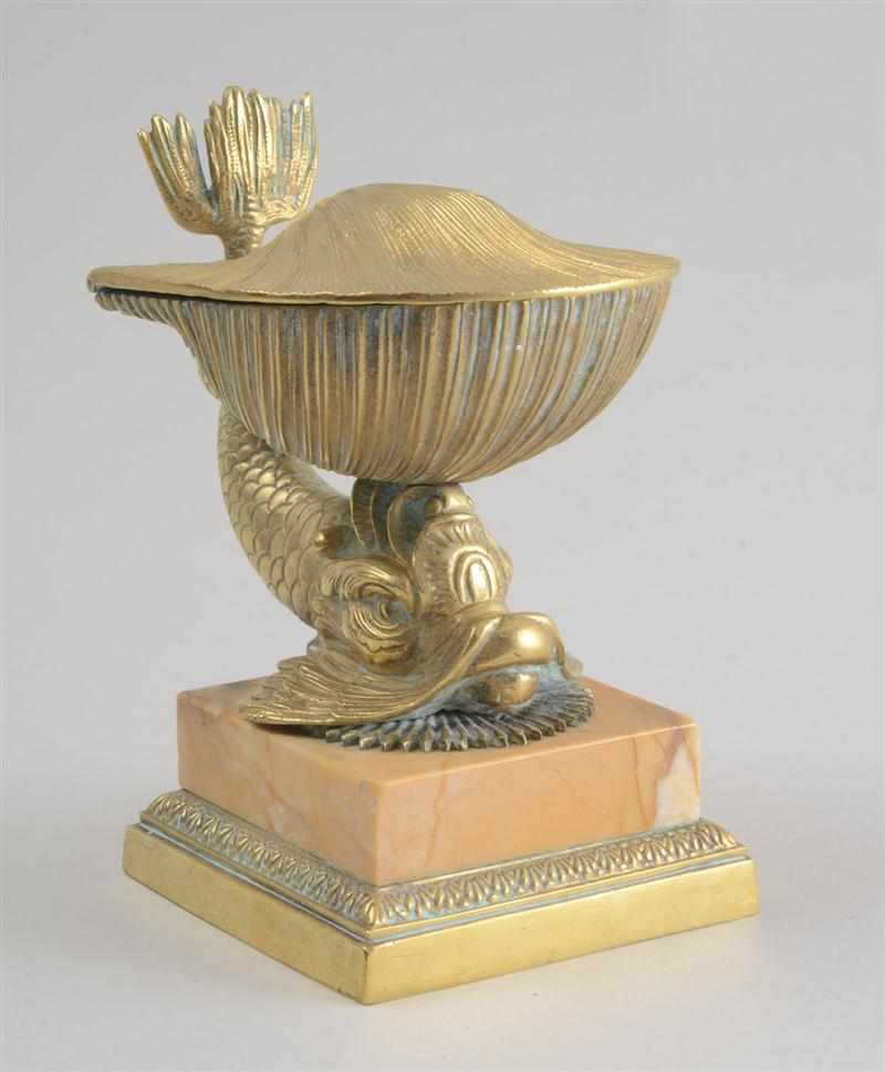 Appraisal: EMPIRE STYLE BRASS ENCRIER The shell-form bowl with hinged lid