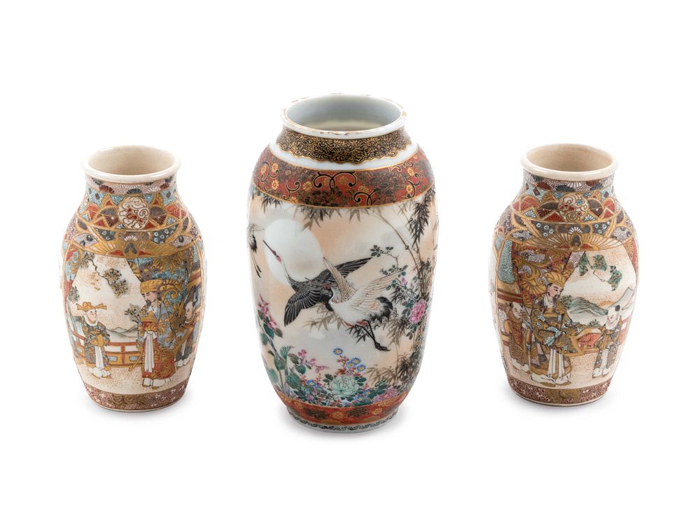 Appraisal: Three Japanese Enamel Decorated Satsuma Porcelain Vases Three Japanese Enamel