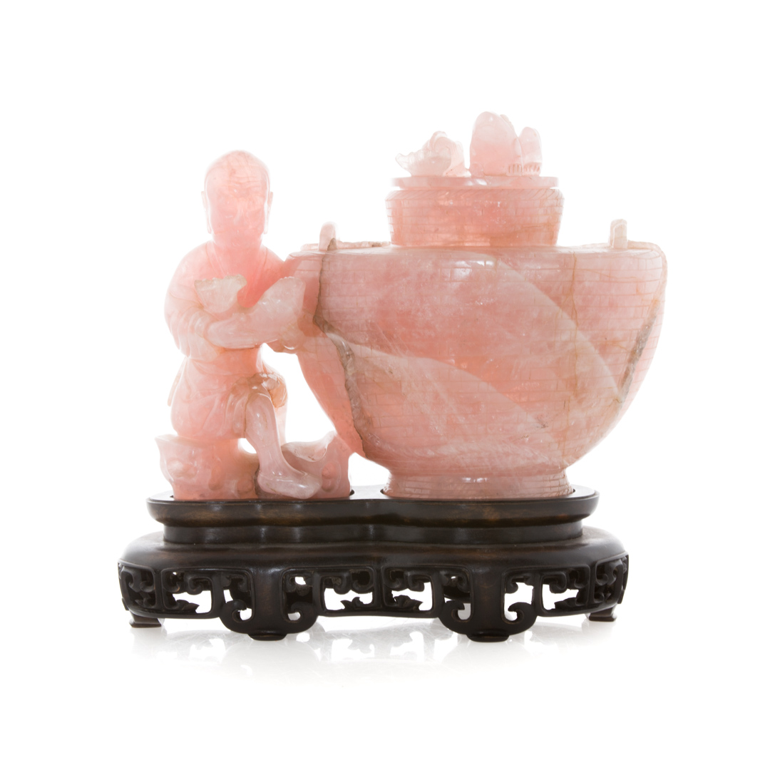 Appraisal: Chinese carved pink quartz censor modeled as urn with fisherman