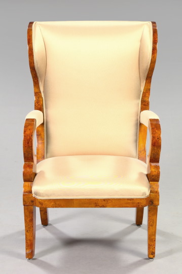 Appraisal: Unusual Burlwood Armchair in the Continental neoclassical style the padded