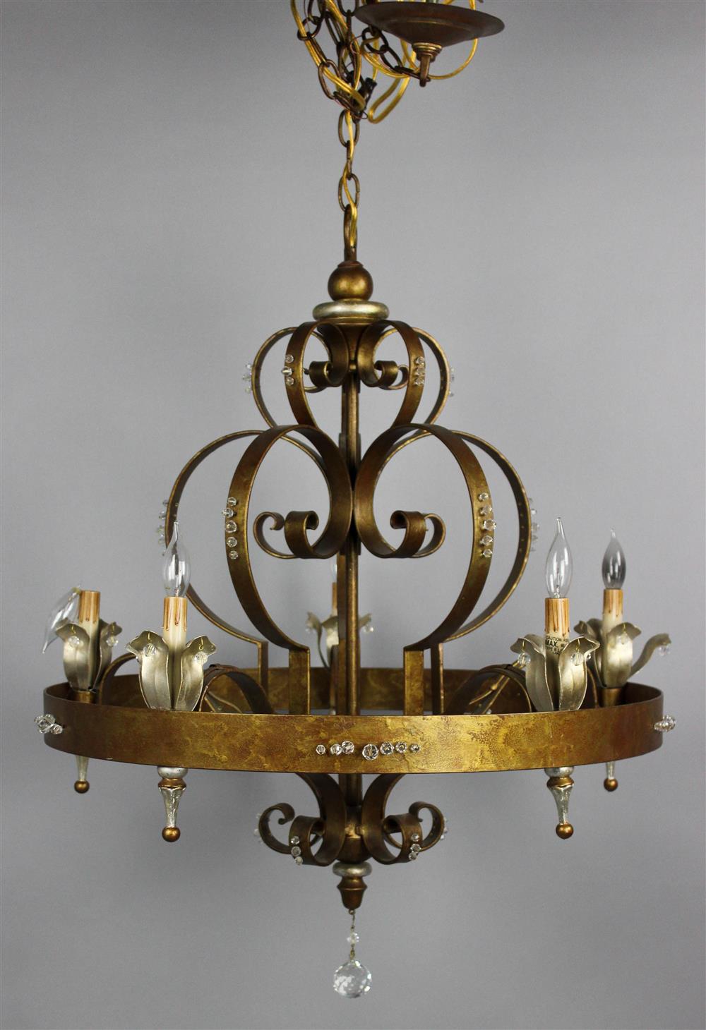 Appraisal: SCROLLING FIVE LIGHT PENDANT CHANDELIER scrolling metal design accentuated with