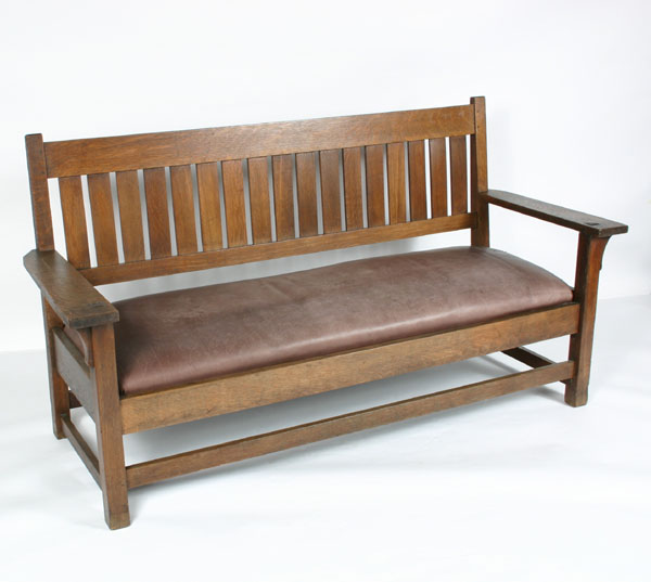 Appraisal: Gustav Stickley Mission oak bench sofa leather upholstered seat mortise