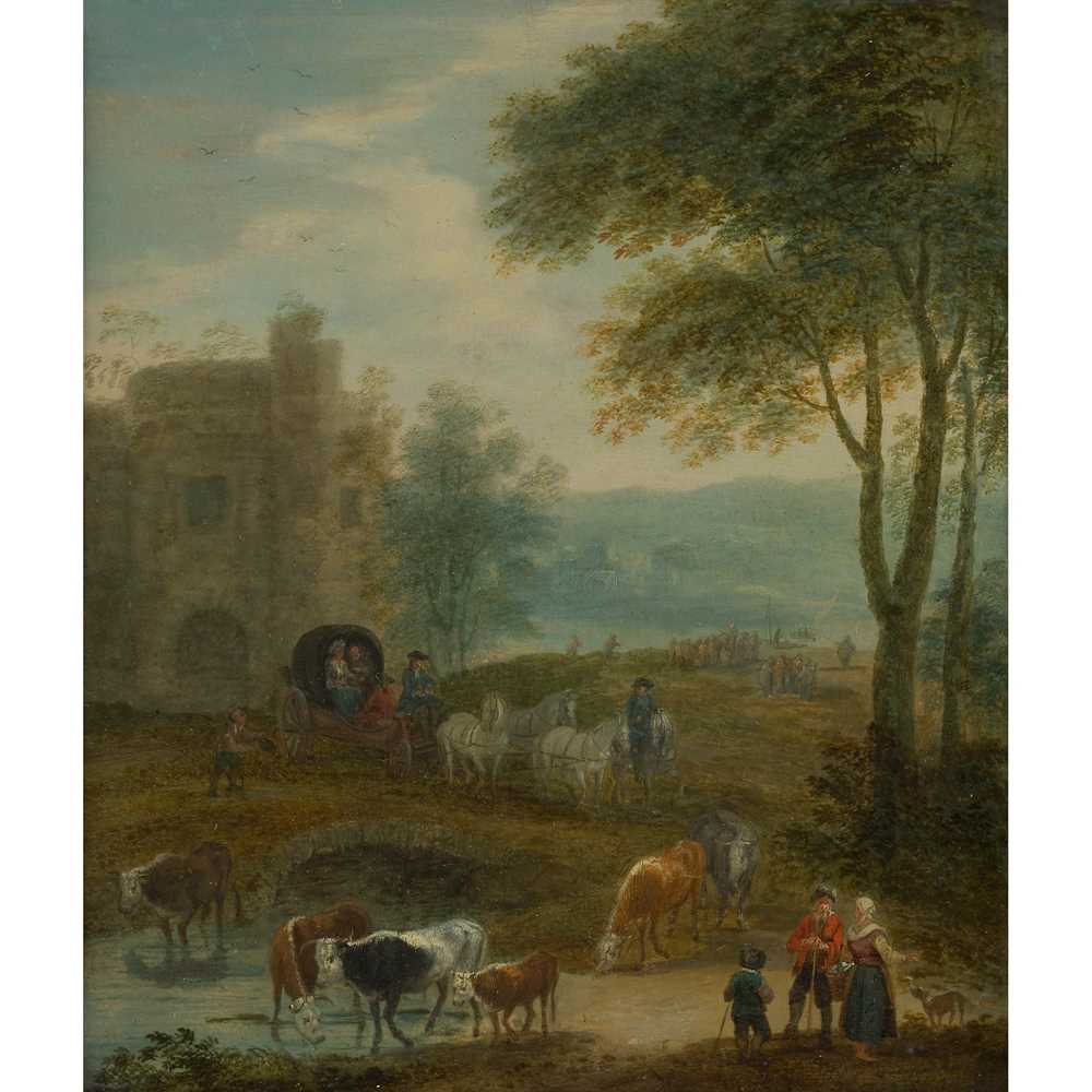 Appraisal: ATTRIBUTED TO MATHYS SCHOEVAERDTS A WOODED RIVER LANDSCAPE WITH TRAVELLERS