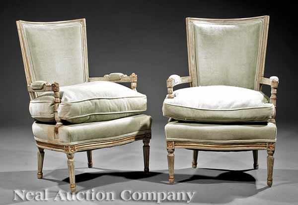 Appraisal: A Pair Louis XVI-Style Verte Peinte and Gilt-Decorated Fauteuils each