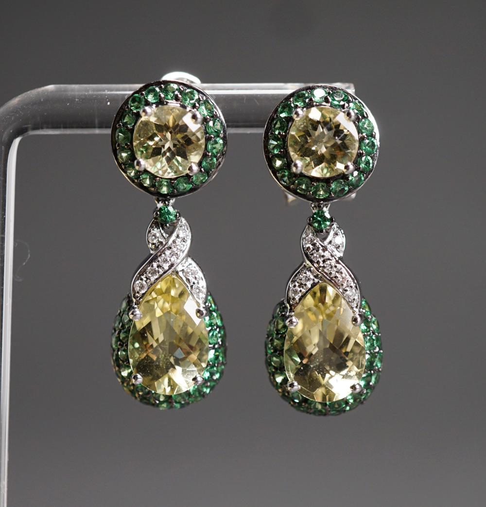 Appraisal: PAIR OF MODERN -KARAT WHITE-GOLD LEMON QUARTZ DIAMOND AND GREEN