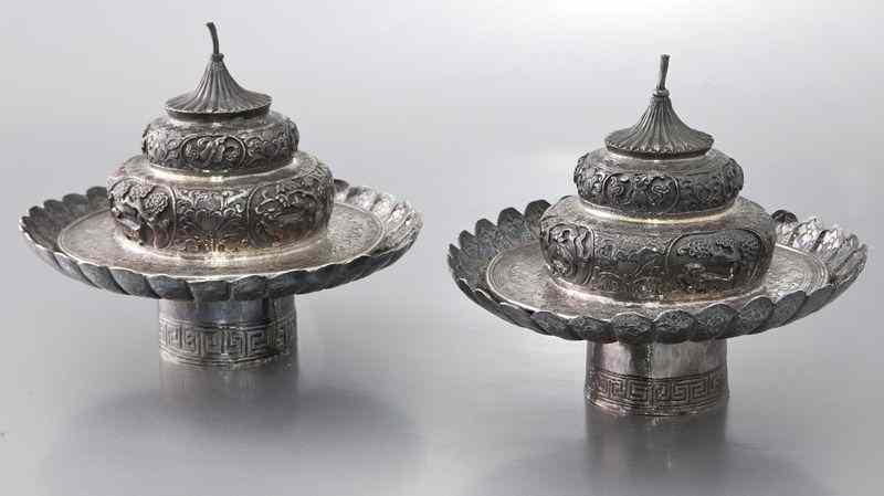 Appraisal: Pr Chinese Qing pagoda shaped silver boxes depicting dragons phoenix